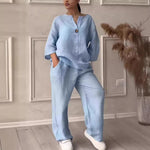 Women's Cotton-Linen Two-Piece Set, Loose Top and Wide Leg Pants