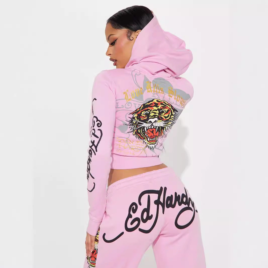 Conjunto de blusa estampada de manga larga y pantalón para mujer