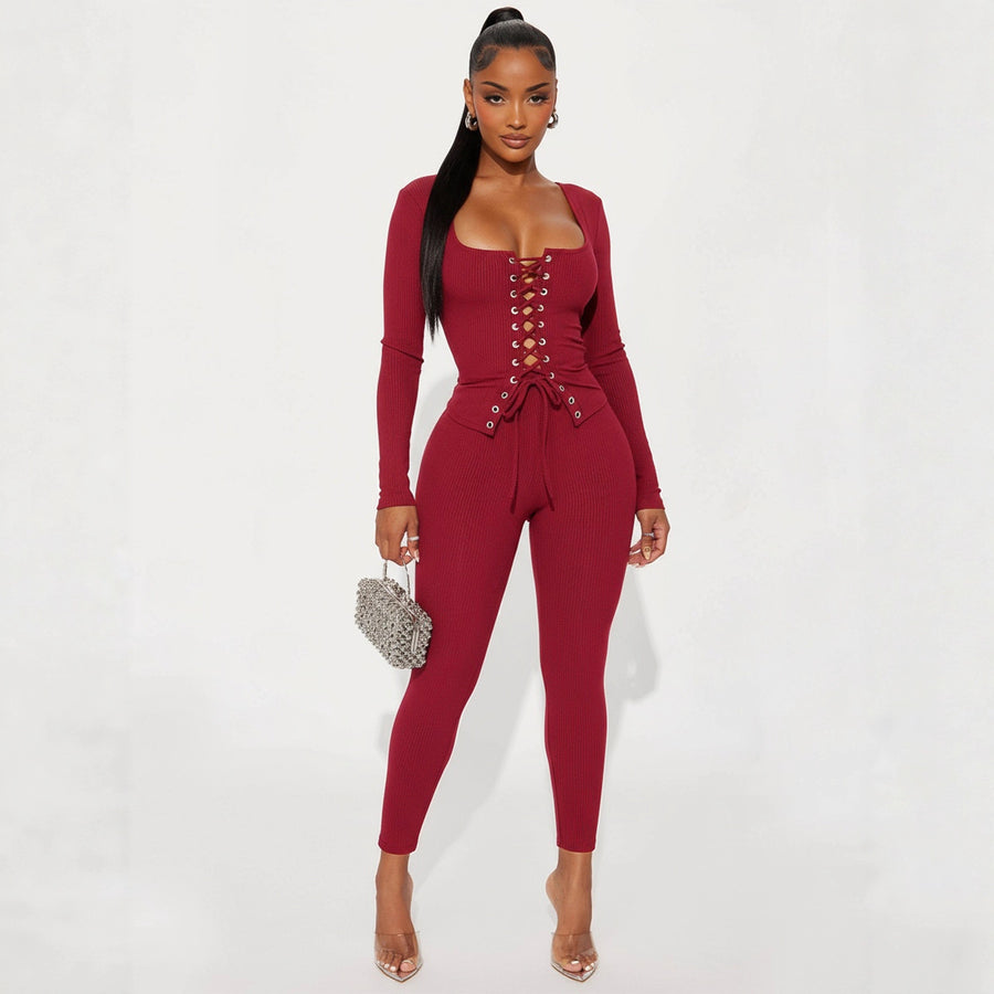 Women's Lace-Up Ribbed Top and Pants Set