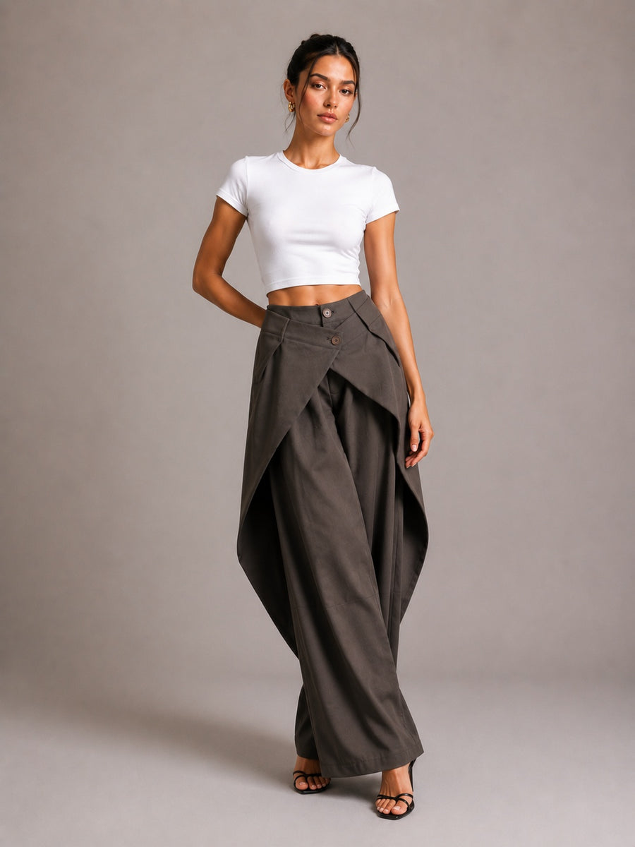 Women's Asymmetric Fold-Waist Wide Leg Pants
