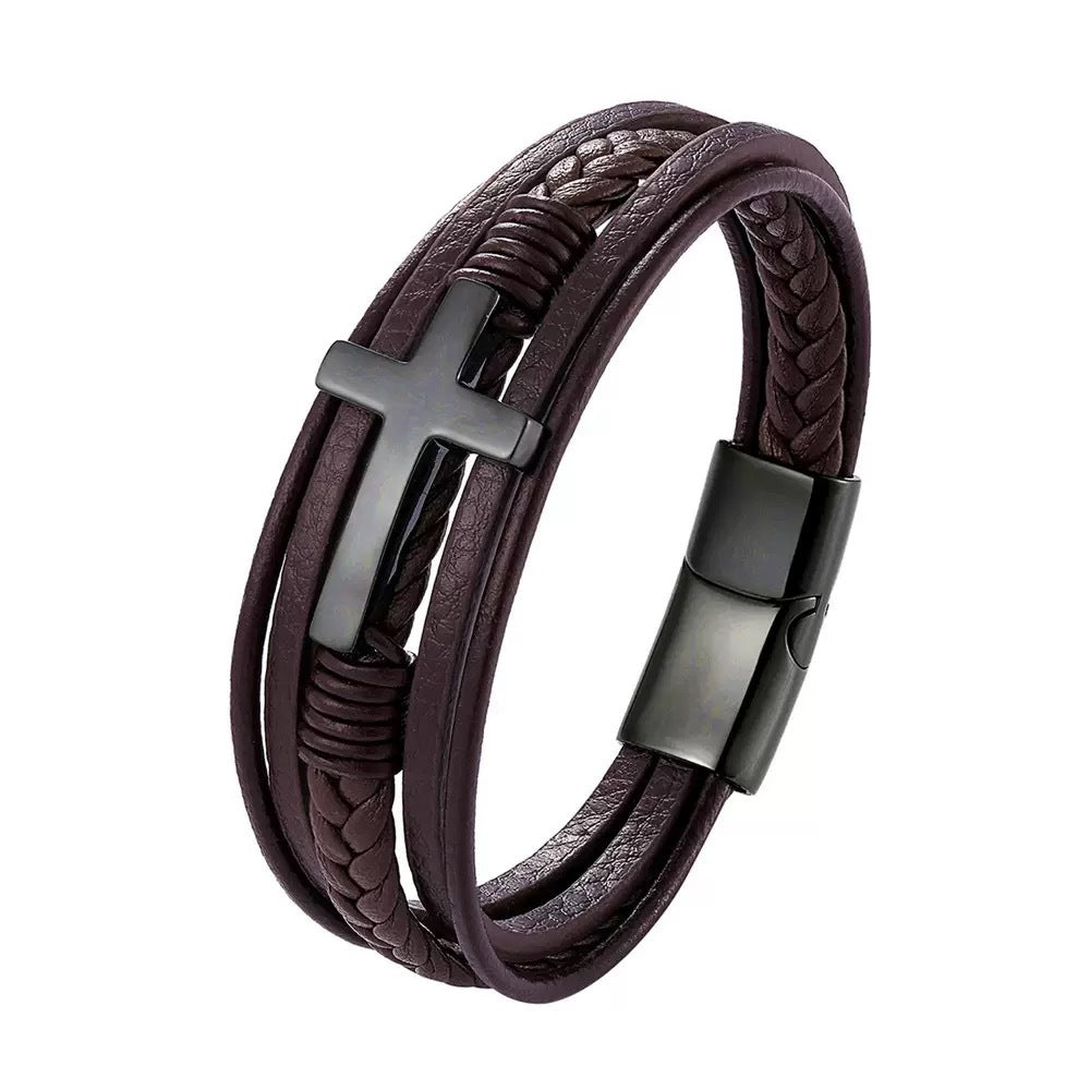 Leather Cross Bracelet for Men, Magnetic Clasp