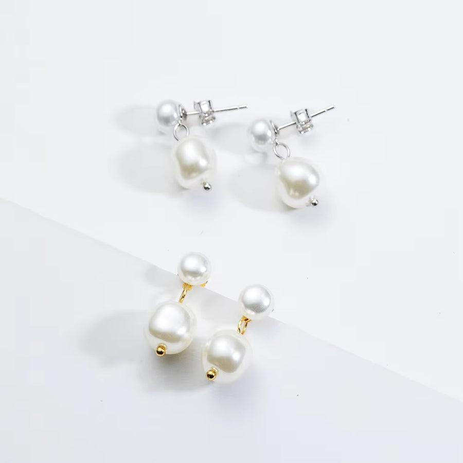 S925 Sterling Silver Fashionable Large And Small Pearl Stud Earrings