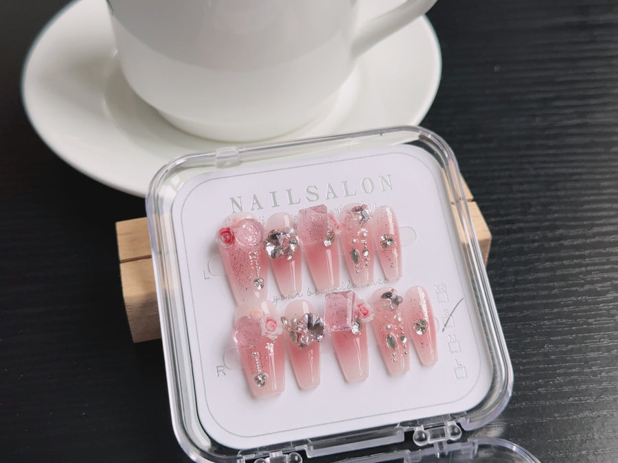 Roze Press-On Nagels met Edelstenen, 10-delige set