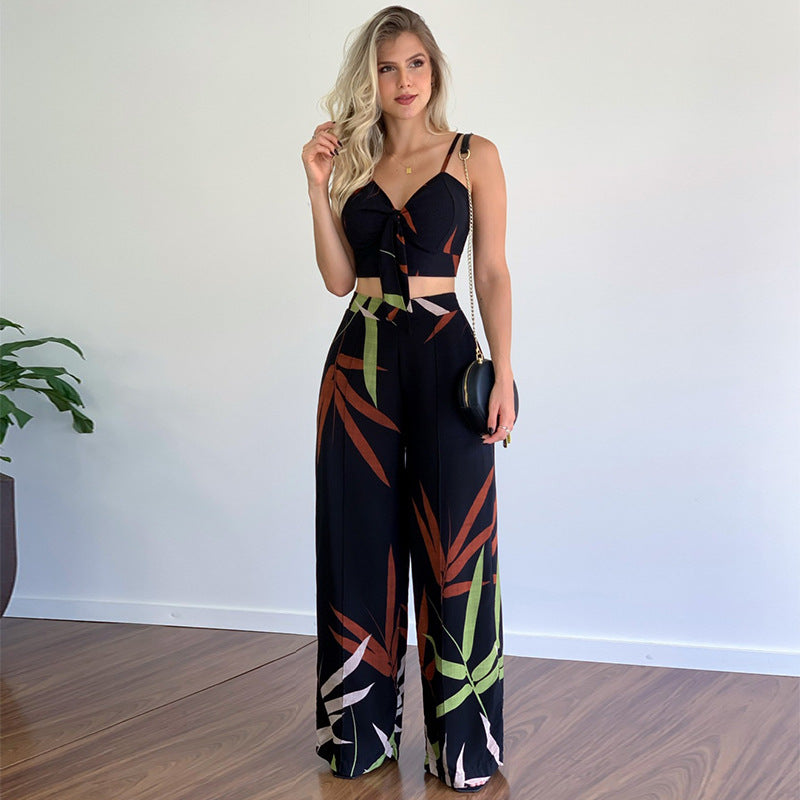 Printed V-Neck Vest and Wide-Leg Pants Set