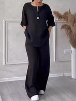 Women's Cotton-Linen Two-Piece Set, Loose Top and Wide Leg Pants