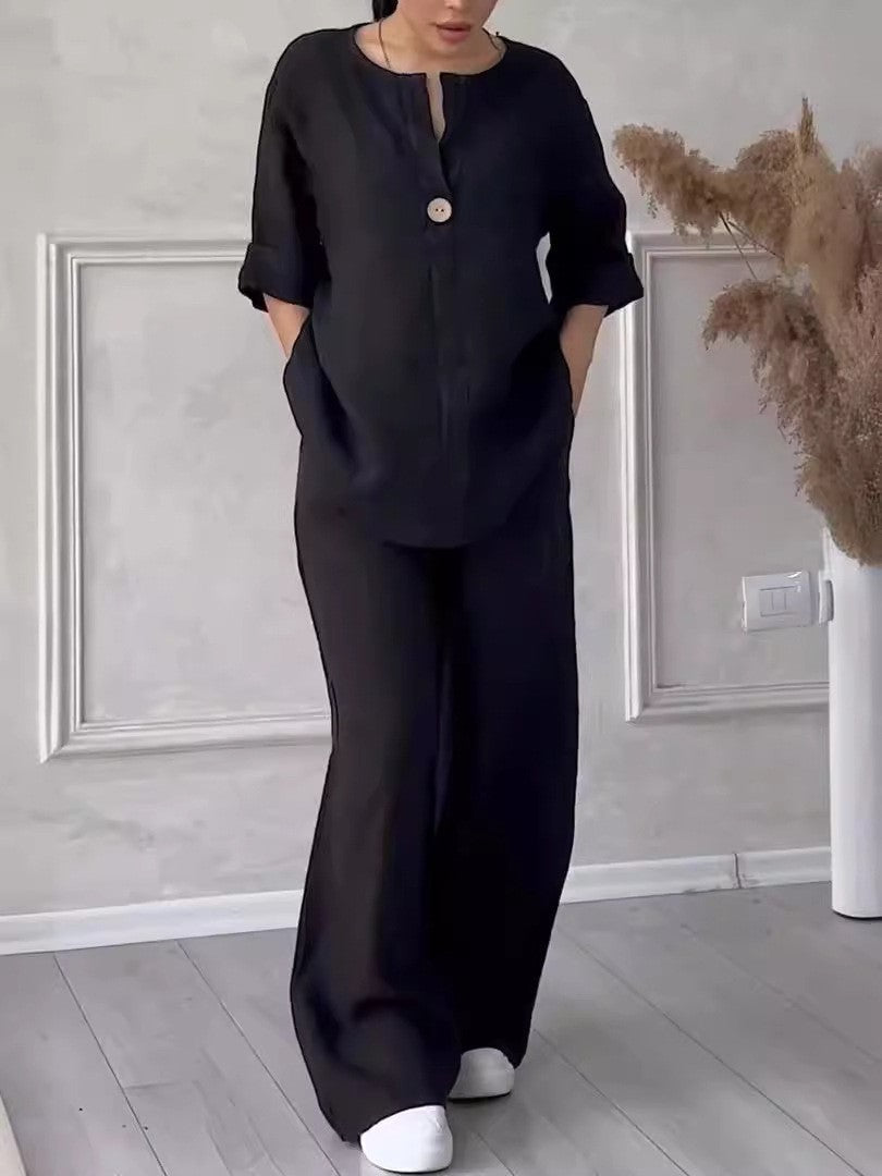 Women's Cotton-Linen Two-Piece Set, Loose Top and Wide Leg Pants