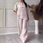 Women's Cotton-Linen Two-Piece Set, Loose Top and Wide Leg Pants