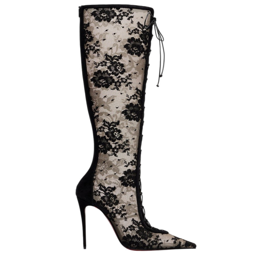Botas de salto agulha em renda acima do joelho para mulher