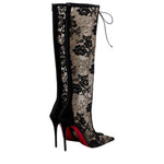 Botas de salto agulha em renda acima do joelho para mulher
