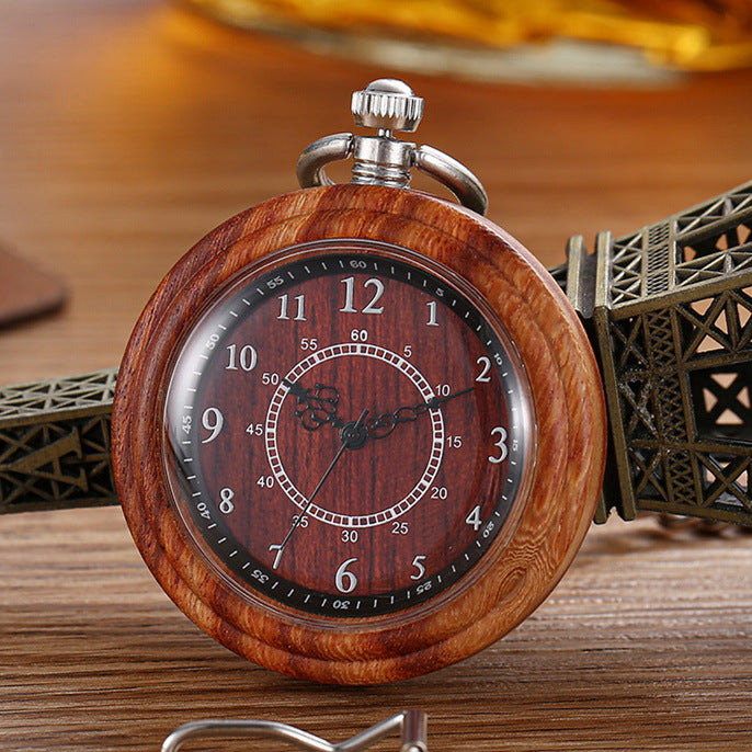 Houten zakhorloge met ketting, blauw-groen design