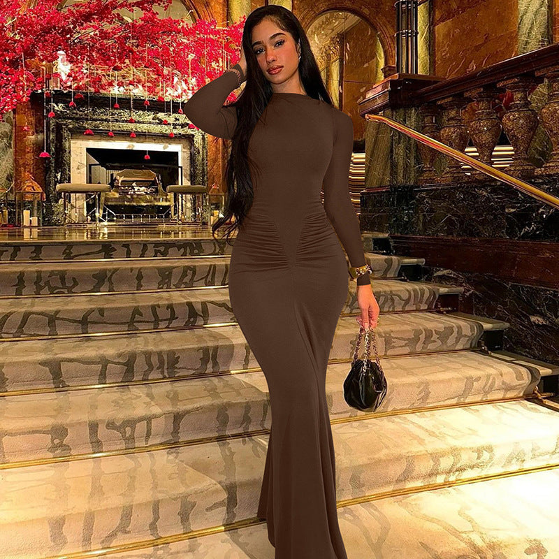 Long-Sleeve Pleated High-Waist Dress