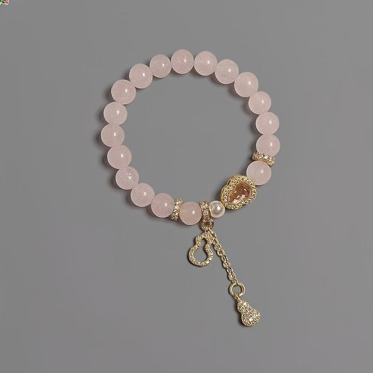 Armband aus natürlichem Rosenquarz und Perlen mit Kürbis-Anhänger, Perlenkette, Liebesenergie-Schmuck für Damen