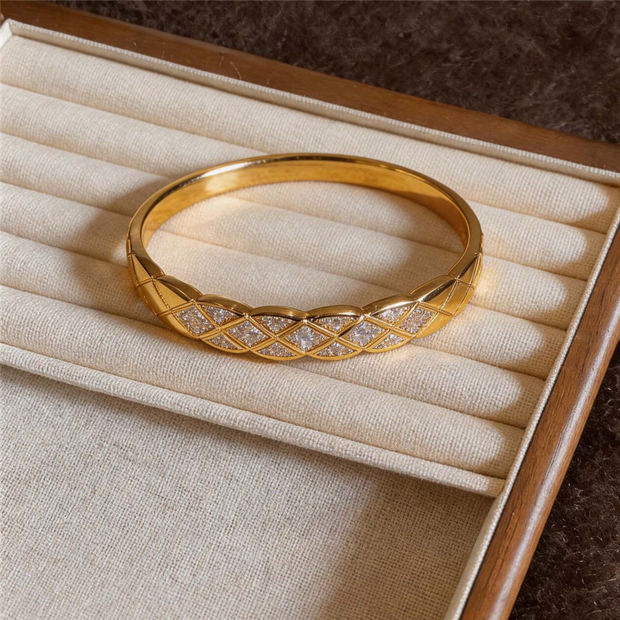 Zircon Open Bangle Bracelet, Gold Tone