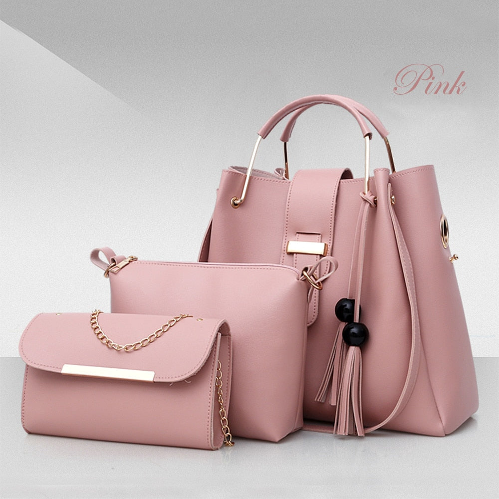 Set di 3 borse da donna, borse a spalla in pelle PU, borsa tote casual con nappine e manico in metallo