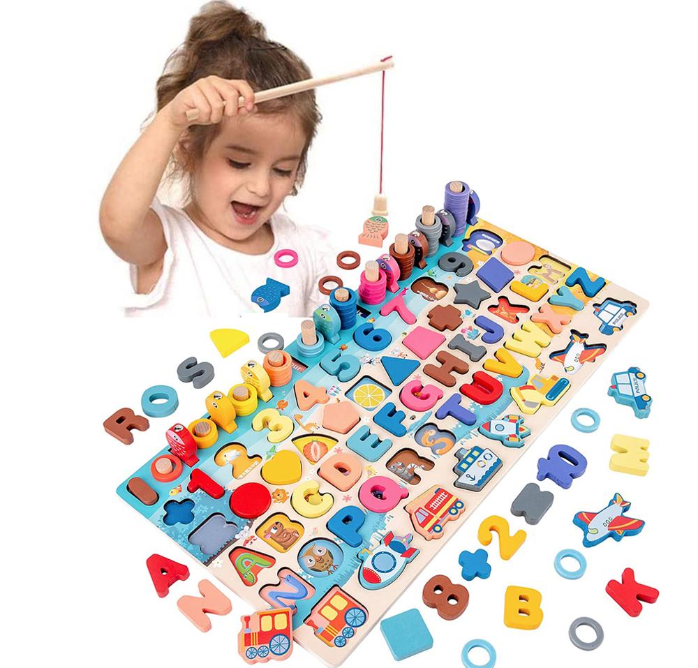 Plateau de pêche mathématique en bois, jouet d'apprentissage Montessori