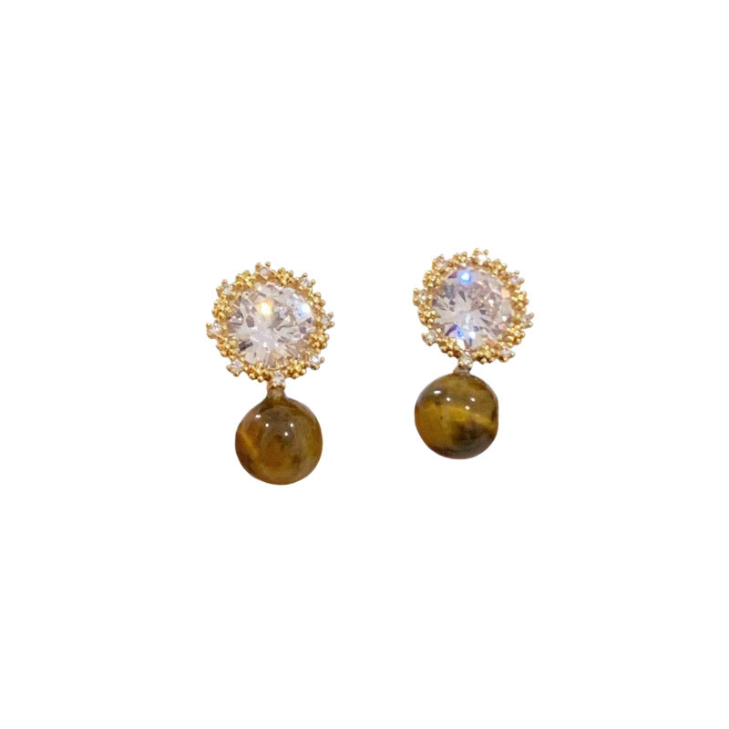 Melard Vintage Sunflower Diamond-studded Earrings, Tiger's Eye Stone and Pearl, Light Luxu