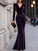 Velvet Wrap Fishtail Evening Gown, Long Sleeve