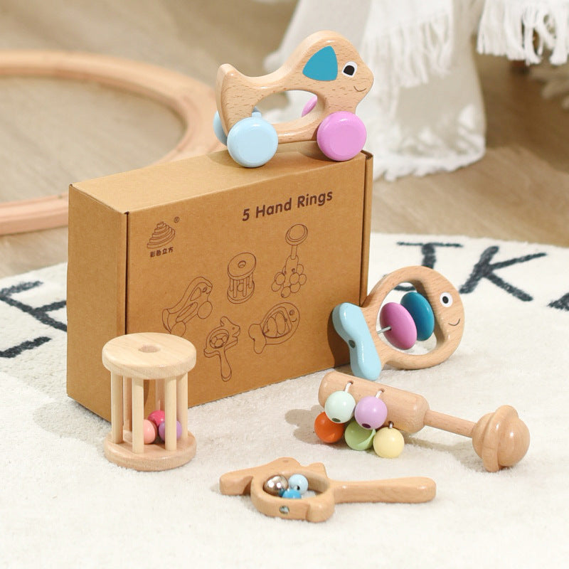 Ensemble de hochets pour bébé en bois de hêtre, 5 pièces