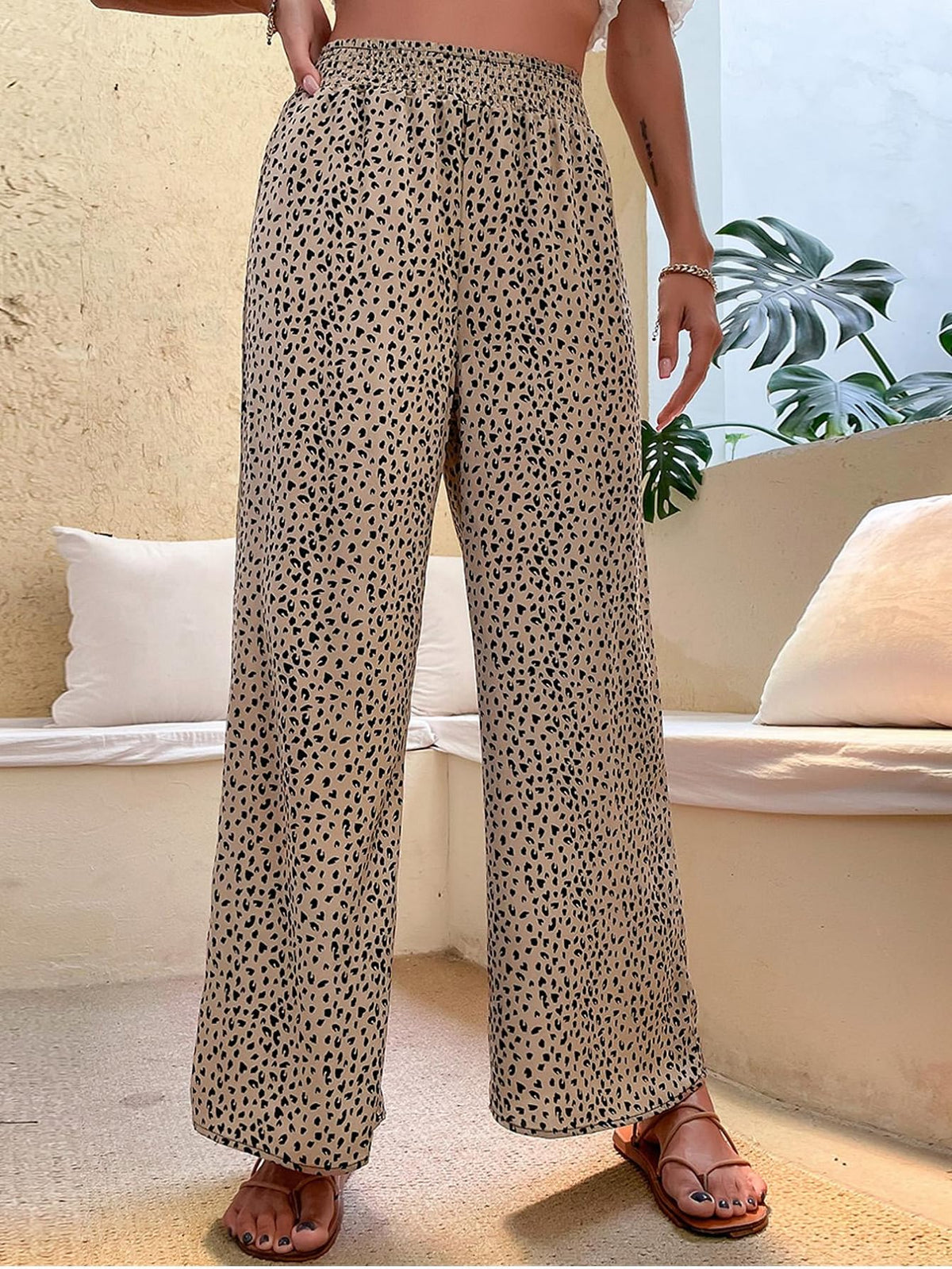 Calças de Lazer de Perna Larga com Padrão de Leopardo
