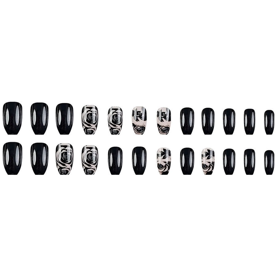 Black Rose Press-On Nagels, Lange Coffin, 24 Stuks