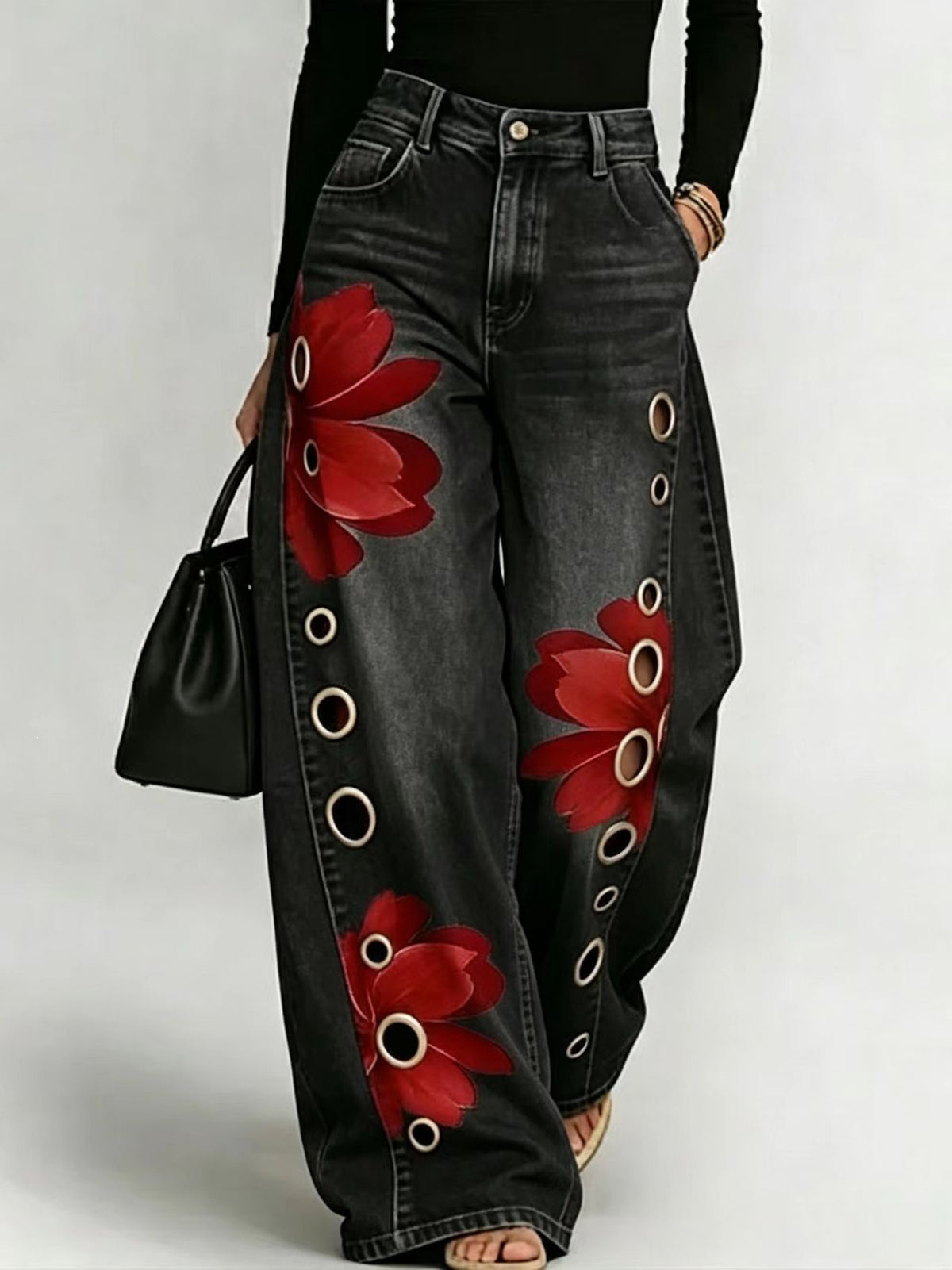 Damesjeans met print en wijde pasvorm