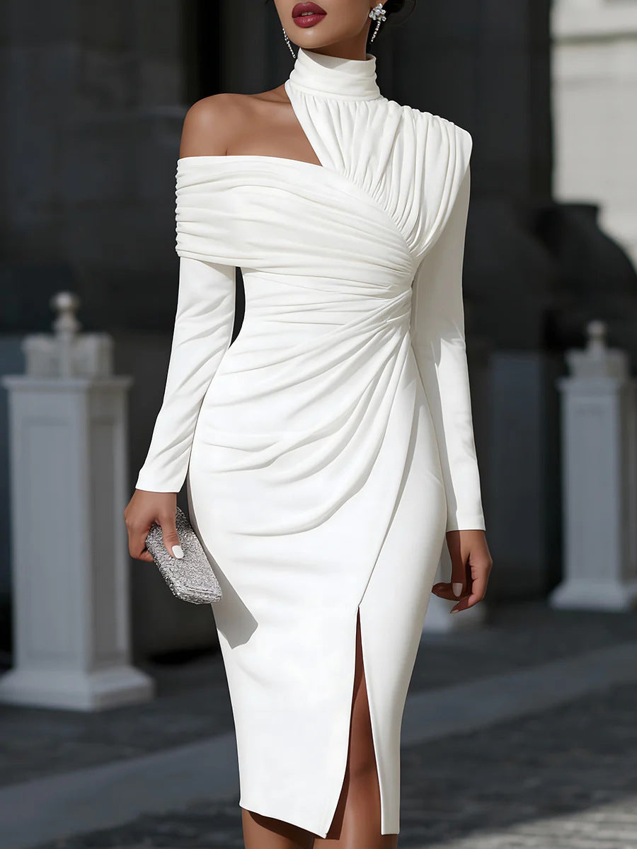 Vestido Elegante com Ombros Descobertos e Abertura