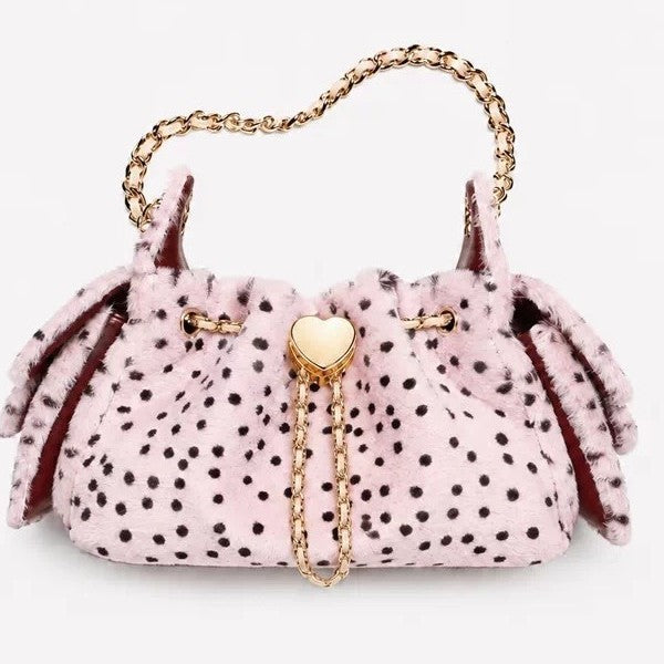 Sac seau en peluche à pois avec cordon de serrage et bandoulière à chaîne