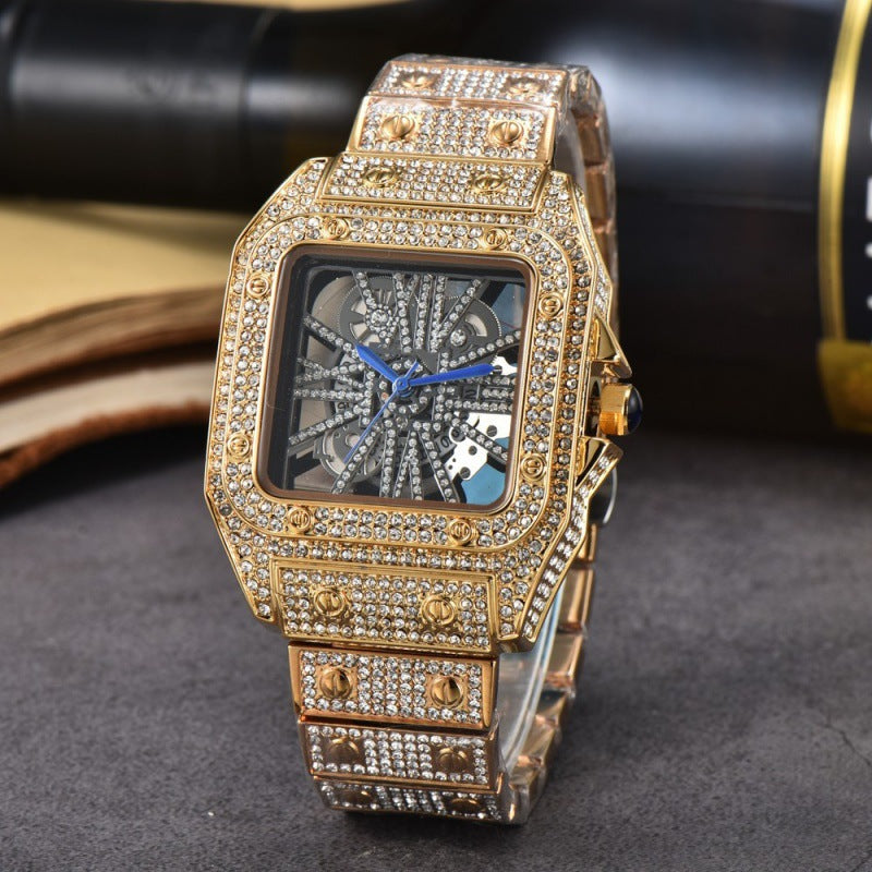 Men's Square Stone-Set Quartz Watch, Steel Band