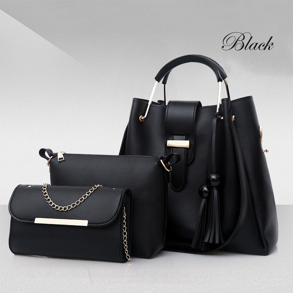 Set di 3 borse da donna, borse a spalla in pelle PU, borsa tote casual con nappine e manico in metallo