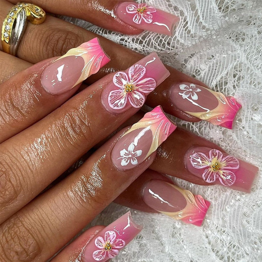 Roze bloemen press-on nagels, kort vierkant