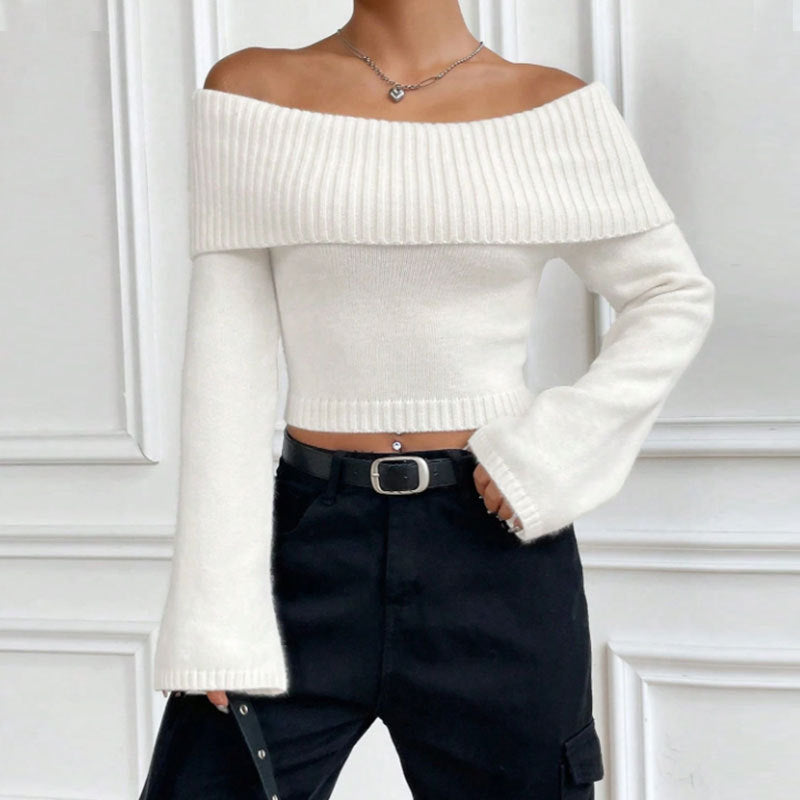 Fashionable Slim-fit Off-shoulder Crew-neck Sweater For Women