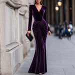 Velvet Wrap Fishtail Evening Gown, Long Sleeve