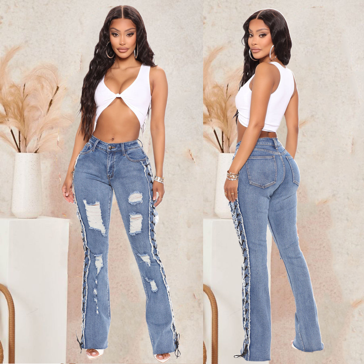 Gescheurde jeans met vetersluiting aan de zijkant