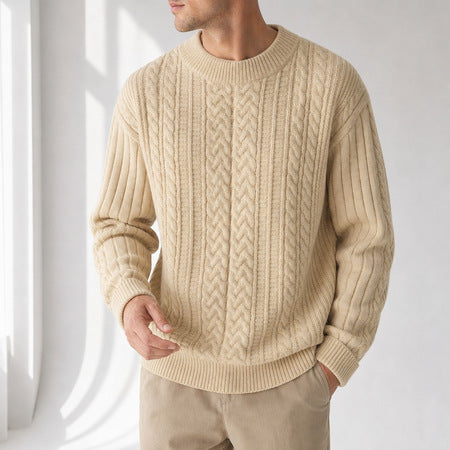 Herren-Vintage-Pullover mit Zopfmuster und Rundhalsausschnitt
