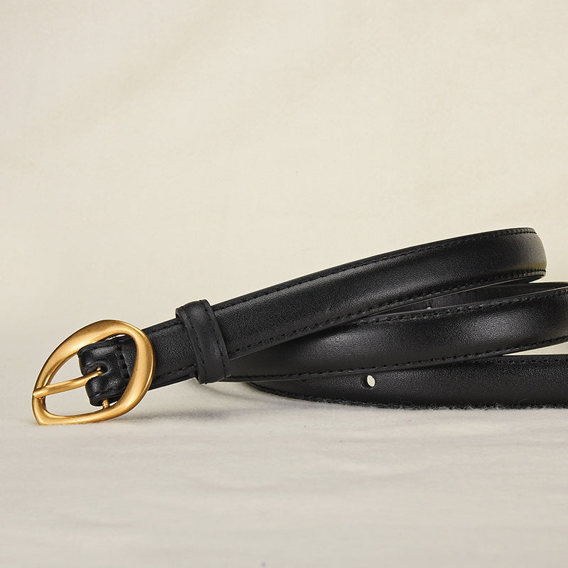 New Women's Top Layer Belt Retro Alloy Pin Buckle Leather Belt Niche Design for Jeans Belt