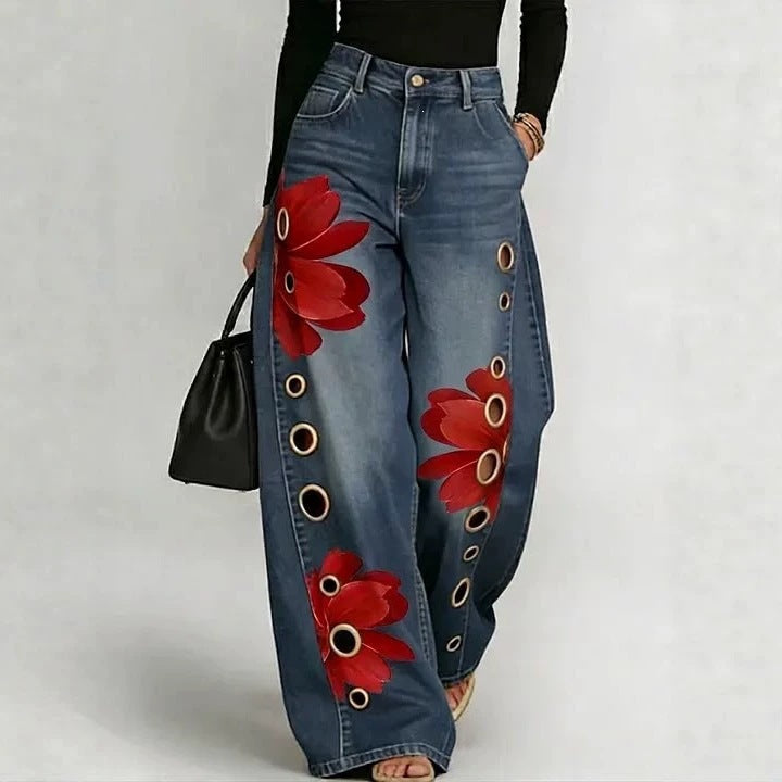 Damesjeans met print en wijde pasvorm