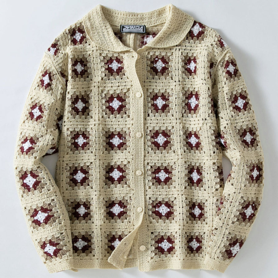 Hollow-Out Plaid Knit Sweater Coat