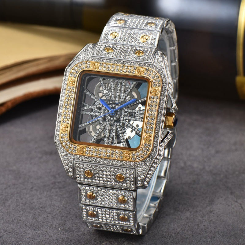 Men's Square Stone-Set Quartz Watch, Steel Band