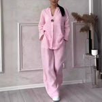 Women's Cotton-Linen Two-Piece Set, Loose Top and Wide Leg Pants