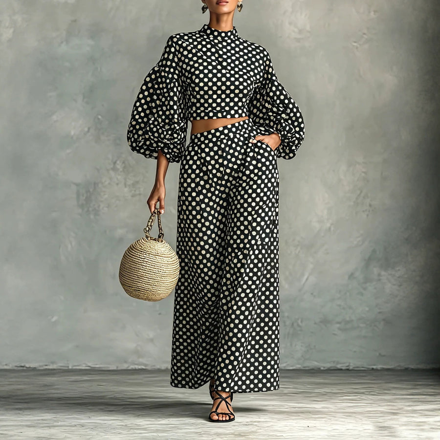 Polka Dot Lantern-Sleeve Top and Wide-Leg Pants Set