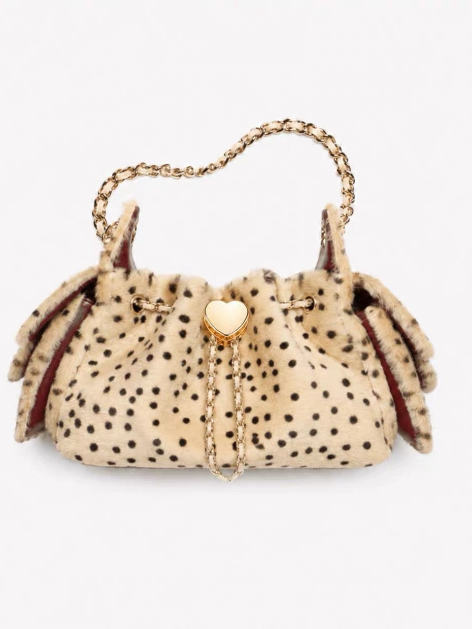 Sac seau en peluche à pois avec cordon de serrage et bandoulière à chaîne