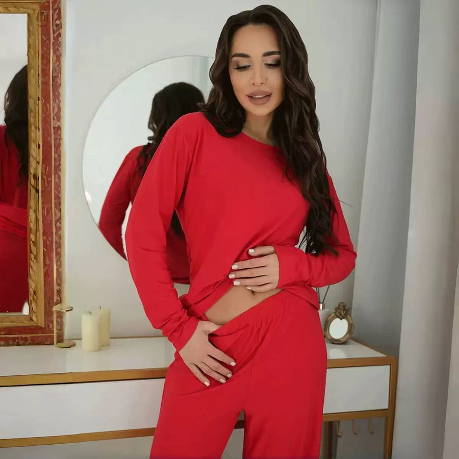 Solid-color Casual Slim-fit Top And Pants Set
