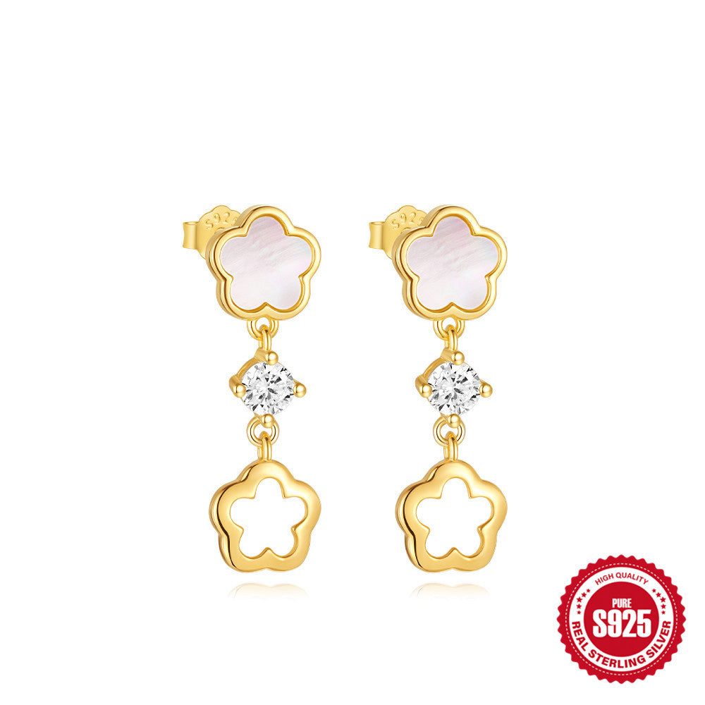 S925 Sterling Silver Luxurious Diamond-studded White Shell Flower Earrings for Women Every