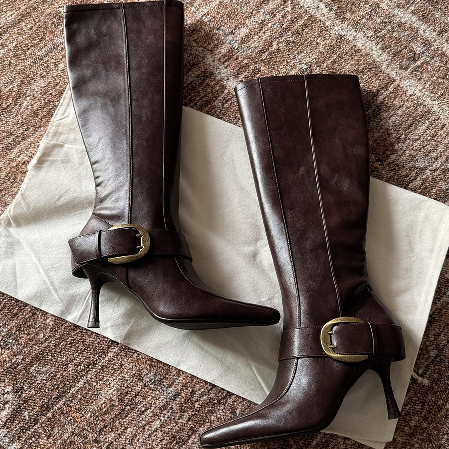 Women's Vintage Buckle Chunky-Heel Boots