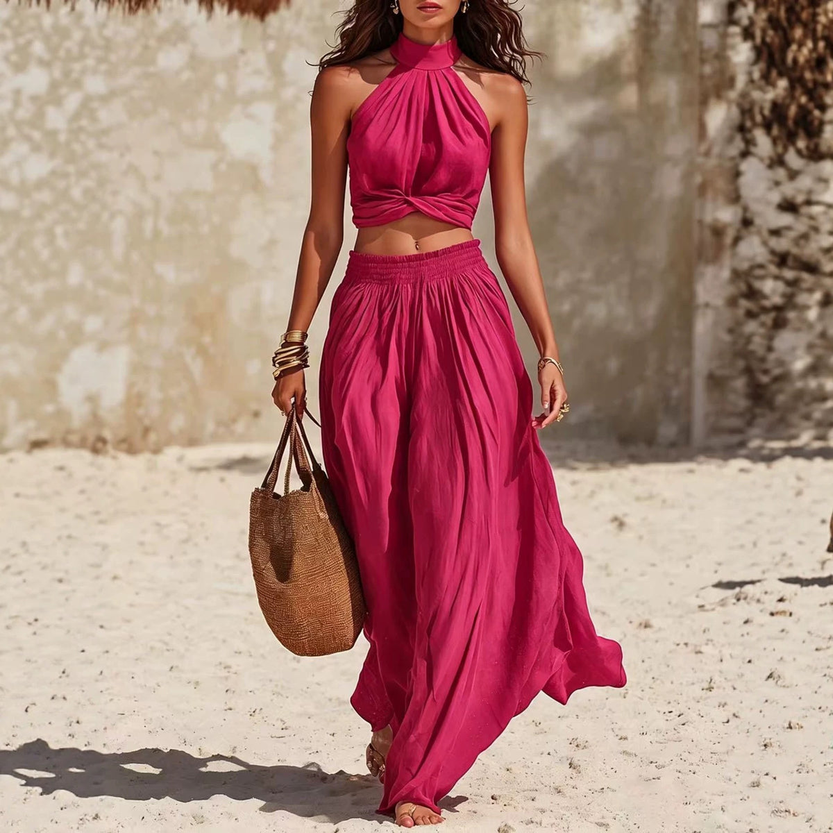 Set aus Neckholder-Top und weitem Rock