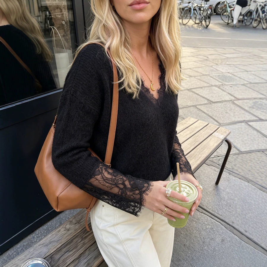 French Lace Panel V-Neck Knitted Top For Women