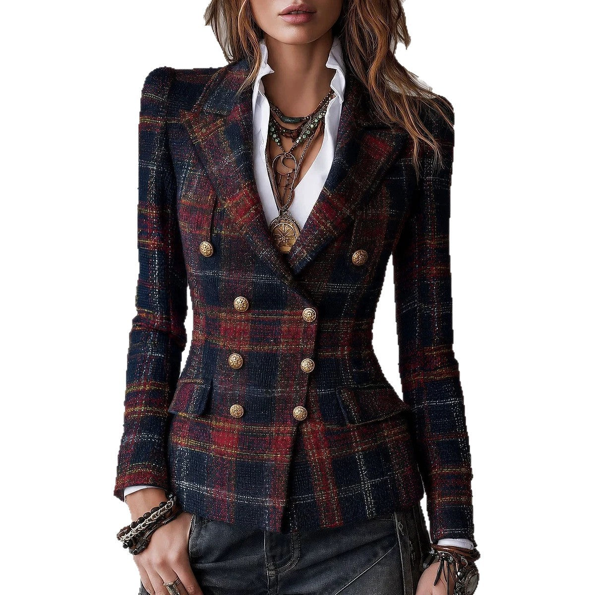 Damesblazer met dubbele rij knopen en ruitpatroon