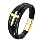 Leather Cross Bracelet for Men, Magnetic Clasp