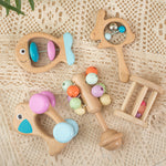 Ensemble de hochets pour bébé en bois de hêtre, 5 pièces