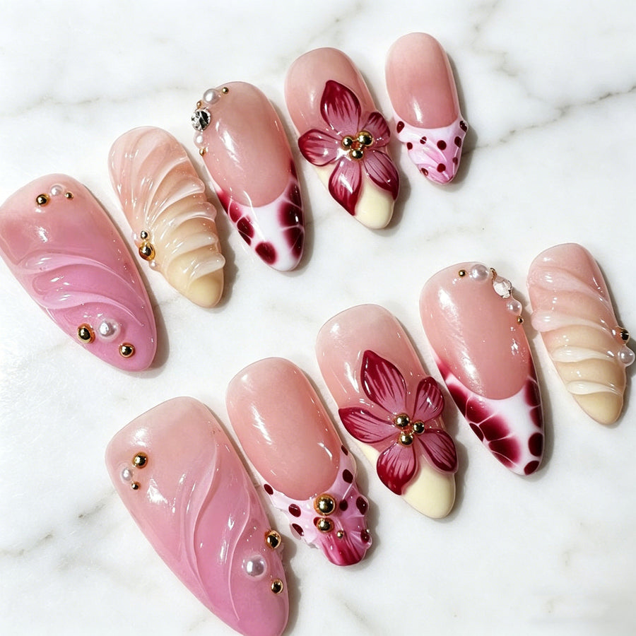 Nude kleurverloop Press-On nagels met parels, 10-delige set